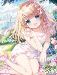  1girl ass bare_shoulders blonde_hair blue_eyes blush braid bridge clouds collarbone cookie dogeza dress falling_petals flower food frilled_dress frills garden grass hair_between_eyes hair_ornament hair_ribbon head_tilt highres house kimishima_ao leaf looking_at_viewer open_mouth original petals pink_dress pink_flower pink_ribbon pink_rose ribbon river rose sitting sky sleeveless smile water 
