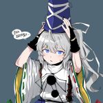 1girl :/ ast.rockett black_nails blue_eyes blue_headwear bridal_gauntlets eyebrows_visible_through_hair grey_background hair_between_eyes hands_up hat hat_ribbon highres japanese_clothes kariginu long_hair looking_at_viewer mononobe_no_futo nail_polish parted_lips pom_pom_(clothes) ponytail ribbon silver_hair simple_background solo sweat tate_eboshi touhou turtleneck upper_body very_long_hair white_ribbon wide_sleeves 