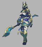  1girl absurdres armor bandages bangs blue_eyes breasts closed_mouth dark-skinned_female dark_skin exaxuxer furry furry_female genderswap genderswap_(mtf) gold_armor grey_background highres holding holding_weapon large_breasts league_of_legends long_hair nasus personification simple_background solo weapon 
