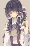  1girl absurdres adjusting_hair alternate_hairstyle arm_at_side ascot bangs blunt_bangs blush bow braid brown_eyes brown_hair closed_mouth commentary detached_sleeves eyebrows_visible_through_hair frilled_bow frilled_shirt_collar frills grey_background hair_bow hair_tubes hakurei_reimu hand_up highres jitome long_hair looking_at_viewer nikorashi-ka pout red_bow red_shirt red_skirt ribbon-trimmed_sleeves ribbon_trim shirt side_ponytail simple_background skirt sleeveless sleeveless_shirt touhou upper_body white_sleeves wide_sleeves yellow_ascot 