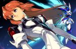  1girl artist_name breasts elhaym_van_houten floating floating_hair gloves hair_between_eyes long_hair looking_to_the_side mecha mechanical_wings night night_sky optionaltypo orange_hair science_fiction skirt sky solo space star_(sky) starry_sky uniform violet_eyes wings xenogears xenogears_(mecha) 