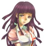  1girl apron bangs black_hair blush breasts closed_mouth collared_shirt commentary_request danganronpa_(series) danganronpa_2:_goodbye_despair dosugon large_breasts long_hair looking_at_viewer mole mole_under_eye pink_eyes pink_shirt puffy_short_sleeves puffy_sleeves shirt short_sleeves simple_background tsumiki_mikan upper_body white_apron white_background 