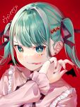  1girl absurdres fangs hair_ornament hatsune_miku heart highres jewelry long_hair long_sleeves looking_at_viewer mask mask_pull mouth_mask open_mouth ribbon shirt simple_background skirt smile solo twintails vampire_(vocaloid) wase3 