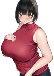  1girl absurdres bangs bare_arms bare_shoulders black_eyes black_hair blush breasts hand_on_own_chest highres large_breasts looking_at_viewer neneneji original parted_lips red_shirt shirt short_hair simple_background sleeveless solo white_background 