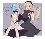  2girls alternate_costume back back_bow back_cutout backless_outfit bangs black_dress black_hairband blue_hair blush border bow bridal_gauntlets closed_eyes clothing_cutout corrin_(fire_emblem) corrin_(fire_emblem)_(female) do_m_kaeru dress eyebrows_visible_through_hair feather_trim fire_emblem fire_emblem_fates flora_(fire_emblem) frills from_behind grey_hair grey_shirt hair_between_eyes hairband holding_hands juliet_sleeves long_hair long_sleeves maid maid_headdress multiple_girls open_mouth puffy_sleeves shirt short_hair sidelocks sleeveless sleeveless_dress smile sweatdrop tongue twintails upper_body white_border white_bow 