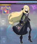  1girl black_coat blonde_hair boots breasts character_name clenched_hand coat copyright_name cynthia_(pokemon) dreambig eyelashes full_body fur-trimmed_coat fur_collar fur_trim gloves grey_eyes hair_ornament hair_over_one_eye hand_on_hip high_heel_boots high_heels highres long_hair pants pinstripe_pants pinstripe_pattern pokemon pokemon_(game) pokemon_bdsp shoes smile solo standing striped twitter_username very_long_hair watermark 