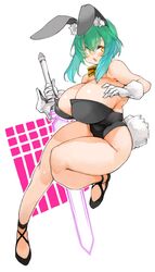  1girl animal_ears breasts detached_collar fake_animal_ears green_hair highres holding holding_weapon huge_breasts leotard original playboy_bunny rabbit_ears sachito simple_background solo strapless strapless_leotard sword thick_thighs thighs weapon white_background yellow_eyes 