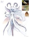  1girl absurdres antennae arthropod_girl closed_eyes closed_mouth colored_skin dress extra_arms facing_viewer fewer_digits floating_hair grey_skin hand_up highres long_dress long_hair matilda_fiship monster_girl original simple_background white_background white_dress white_hair 