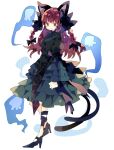  1girl adapted_costume alternate_hairstyle animal_ears bangs black_bow black_ribbon blue_fire bow braid cat_ears cat_tail closed_mouth eyebrows_visible_through_hair fire frills full_body hair_bow hair_ribbon high_heels highres hitodama jitome juliet_sleeves kaenbyou_rin leg_ribbon light_smile long_hair long_sleeves looking_at_viewer multiple_tails nekomata nikorashi-ka one-hour_drawing_challenge puffy_sleeves ribbon simple_background solo standing tail touhou tress_ribbon twin_braids two_side_up two_tails white_background 