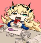  1girl blonde_hair chibi chocolate chocolate_making cutting_board eating failure fairy_knight_gawain_(fate) fate/grand_order fate_(series) kitchen_knife long_hair melon22 pink_background spatula tears 