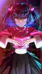  1girl :o black_hair black_skirt chinese_clothes eyebrows_visible_through_hair hair_ribbon highres jacket long_hair looking_at_viewer own_hands_together parted_lips pink_jacket pink_ribbon ribbon senki_zesshou_symphogear skirt solo thundergotch tsukuyomi_shirabe twintails violet_eyes 