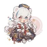  1girl :d animal_ears arknights bangs bear_ears black_hair blue_eyes blue_hair blue_jacket blush boots chibi commentary_request dated dress eyebrows_visible_through_hair fur-trimmed_boots fur_hat fur_trim hair_between_eyes hand_up hat heterochromia jacket long_hair long_sleeves looking_at_viewer multicolored_hair open_clothes open_jacket puffy_long_sleeves puffy_sleeves red_eyes redhead reniunaiyumao90367 rosa_(arknights) sleeves_past_wrists smile solo sparkle streaked_hair very_long_hair white_background white_dress white_footwear white_hair 