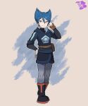  1girl blue_eyes blue_hair boots brown_bag diamond_clan_outfit dreambig full_body gradient gradient_clothes gradient_legwear hair_between_eyes hand_on_hip highres looking_to_the_side pokemon pokemon_(game) pokemon_legends:_arceus saturn_(pokemon) short_hair smile solo standing turtleneck watermark 