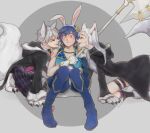  1girl 2boys all_fours animal_ears animal_hands blue_hair blush chrom_(fire_emblem) claws coat fake_animal_ears fangs fire_emblem fire_emblem_awakening fire_emblem_heroes fur_trim gloves highres hooded_coat looking_at_another multiple_boys official_alternate_costume open_mouth paw_gloves paw_shoes rabbit_ears robin_(fire_emblem) robin_(fire_emblem)_(female) robin_(fire_emblem)_(male) silver_hair sitting smile tail tio-trile twintails wolf_ears wolf_tail 