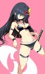  arm_garter bikini black_hair blue_eyes choker commission hair_ornament hairpin katana layered_bikini long_hair navel neptune_(series) nitroplus_(neptune_series) sakuraidai skeb_commission skindentation swimsuit sword thigh_strap weapon wristband 