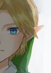  1boy bangs blonde_hair commentary_request green_eyes green_headwear grey_background highres link looking_at_viewer male_focus parted_lips pointy_ears portrait seri_(yuukasakura) short_hair signature simple_background solo split_theme teeth the_legend_of_zelda the_legend_of_zelda:_ocarina_of_time 