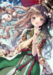  1girl :d bangs black_kimono blue_sky blurry blurry_foreground brown_hair clouds day depth_of_field eyebrows_visible_through_hair floral_print flower green_hakama hakama hakama_skirt holding holding_umbrella japanese_clothes kimono long_hair mizuki_yuuma oil-paper_umbrella original outdoors print_kimono red_eyes red_umbrella skirt sky smile solo two_side_up umbrella very_long_hair white_flower 