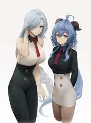 2girls absurdres ahoge alternate_costume bangs bare_shoulders blue_hair breasts closed_mouth dokshuri expressionless ganyu_(genshin_impact) genshin_impact highres horns large_breasts long_hair looking_at_viewer medium_breasts multiple_girls necktie shenhe_(genshin_impact) smile standing violet_eyes