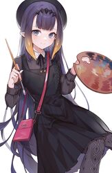  1girl bag bangs beret black_dress black_headwear blonde_hair blue_eyes dress gradient_hair hat highres holding holding_paintbrush hololive hololive_english long_hair long_sleeves looking_at_viewer machi_(7769) multicolored_hair ninomae_ina&#039;nis official_alternate_costume paintbrush palette_(object) pantyhose pleated_dress purple_hair revision shoulder_bag smile solo tentacle_hair very_long_hair virtual_youtuber 