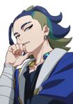  1boy adaman_(pokemon) arm_wrap black_shirt blue_coat blue_hair brown_eyes chin_stroking coat collar collarbone earrings eyebrow_cut green_hair half-closed_eyes hand_up jewelry looking_down male_focus multicolored_hair pokemon pokemon_(game) pokemon_legends:_arceus shirt simple_background solo teeth upper_body upper_teeth white_background yoko.u 