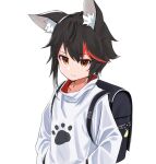  1boy animal_ears backpack bag bangs black_hair brown_eyes closed_mouth commentary_request daichi_(daichi_catcat) eyebrows_visible_through_hair genderswap genderswap_(ftm) highres hololive long_hair looking_at_viewer male_focus multicolored_hair ookami_mio paw_print redhead short_hair solo streaked_hair sweater upper_body virtual_youtuber white_sweater wolf_ears 