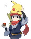  1boy arm_up black_hair black_shirt closed_mouth commentary_request frown grey_eyes grey_jacket hat holding holding_poke_ball jacket looking_up male_focus on_head pikachu poke_ball poke_ball_(legends) pokemon pokemon_(creature) pokemon_(game) pokemon_legends:_arceus pokemon_on_head raised_eyebrows red_headwear red_scarf rei_(pokemon) scarf shirt short_hair simple_background spiky_hair three_guo white_background 