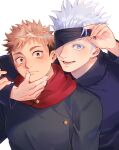  2boys black_blindfold black_jacket blindfold blindfold_lift blue_eyes brown_eyes ccccc_(jpn_m0) closed_mouth facial_mark gojou_satoru hand_on_another&#039;s_face high_collar highres itadori_yuuji jacket jujutsu_kaisen lifted_by_self looking_at_viewer male_focus multiple_boys one_eye_covered open_mouth pink_hair short_hair sideburns smile spiky_hair twitter_username undercut upper_body white_hair 