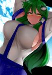  1girl :/ armpits arms_behind_head arms_up bangs blue_skirt blue_sky blush breasts closed_mouth day detached_sleeves frog_hair_ornament green_hair hair_ornament highres kochiya_sanae large_breasts long_hair long_sleeves looking_at_viewer mizuga nontraditional_miko outdoors print_skirt shiny shiny_hair shirt sideboob skirt sky sleeveless sleeveless_shirt snake_hair_ornament solo standing sweat sweatdrop symbol-only_commentary touhou white_shirt wing_collar yellow_eyes 