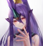  1girl bangs bare_shoulders blazblue breasts eyebrows_visible_through_hair fingernails hair_between_eyes hair_ornament hair_over_shoulder kaeru_(meriruou) long_hair looking_at_viewer mikado_(blazblue) open_mouth ponytail profile purple_hair red_eyes simple_background skirt small_breasts smile solo straight_hair teeth tied_hair upper_body very_long_hair white_background 