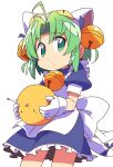  1girl 1other animal_hat apron back_bow bell bow cat_hat cat_tail dejiko di_gi_charat gema gloves green_eyes green_hair hair_bell hair_ornament hat highres holding jingle_bell maid maid_apron ribbon roku_no_hito simple_background tail tail_ornament tail_ribbon white_gloves 