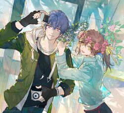  1boy 1girl :d absurdres bangs belt black_gloves black_shirt blue_jacket blue_pants brown_hair camera casual closed_mouth fingerless_gloves flower gloves green_eyes green_jacket highres holding holding_camera jacket laoyepo long_hair long_sleeves looking_at_viewer marius_von_hagen_(tears_of_themis) open_clothes open_jacket open_mouth pants pink_flower purple_hair rosa_(tears_of_themis) shirt short_hair smile tears_of_themis violet_eyes wreath 