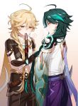  2boys aether_(genshin_impact) ar_(rikuesuto) bangs bead_necklace beads black_hair blonde_hair blush braid closed_mouth earrings eyebrows_visible_through_hair genshin_impact gloves green_hair hair_between_eyes hair_ornament jewelry long_hair long_sleeves male_focus multicolored_hair multiple_boys necklace parted_bangs short_hair short_hair_with_long_locks sidelocks simple_background two-tone_hair xiao_(genshin_impact) yellow_eyes 