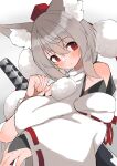  1girl :o absurdres animal_ears bangs bare_shoulders breasts detached_sleeves highres inubashiri_momiji large_breasts looking_at_viewer medium_hair open_mouth red_eyes regua sheath sheathed shirt solo touhou white_background white_hair white_shirt white_sleeves wolf_ears wolf_girl 