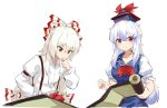  2girls arm_garter baggy_pants blue_dress blue_hair blue_headwear bow breasts collarbone collared_shirt commentary_request dress finger_to_mouth fujiwara_no_mokou hair_between_eyes hair_bow hat hat_ribbon holding holding_scroll kamishirasawa_keine large_breasts long_hair looking_at_viewer medium_breasts multicolored_hair multiple_girls nejikyuu pants puffy_short_sleeves puffy_sleeves reading red_bow red_eyes red_pants red_ribbon ribbon scroll shirt short_sleeves sidelocks silver_hair simple_background sitting suspenders sweatdrop thinking touhou two-tone_bow two-tone_hair v-shaped_eyebrows very_long_hair white_background white_shirt wing_collar 