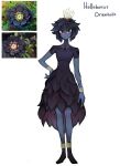  1girl absurdres black_footwear blue_hair blue_skin closed_mouth colored_skin dress full_body highres leaf_skirt looking_at_viewer matilda_fiship medium_hair original plant_hair purple_dress red_eyes simple_background smile solo standing white_background 