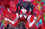  1girl :d absurdres ame-chan_(needy_girl_overdose) bangs black_hair black_nails black_skirt blood blood_on_clothes blood_on_face commentary_request grey_eyes hair_over_one_eye halo highres holding holding_knife holding_weapon knife long_hair looking_at_viewer nail_polish needy_girl_overdose red_background red_shirt reverse_grip sheya shirt skirt smile solo suspender_skirt suspenders twintails upper_body weapon 