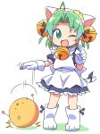  1girl 1other ahoge animal_hat apron bell cat_hat cat_tail dejiko di_gi_charat dribbling fang full_body gema gloves green_eyes green_hair hair_bell hair_ornament hat highres jingle_bell maid maid_apron one_eye_closed open_mouth ribbon roku_no_hito simple_background smile standing tail tail_ornament tail_ribbon white_background white_gloves 