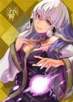  1girl detached_sleeves fire_emblem fire_emblem:_three_houses hand_on_own_shoulder highres looking_at_viewer lysithea_von_ordelia magic pink_eyes solo torao333 white_hair yellow_background 