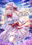  1girl blonde_hair blue_eyes blush capelet cherry_blossoms dress eyebrows_visible_through_hair fairy fairy_wings foot_out_of_frame hair_between_eyes hat highres lily_white long_hair long_sleeves open_mouth smile solo suzushina touhou twitter_username white_capelet white_dress white_headwear wings 