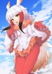  1girl bangs bird_tail black_hair blunt_bangs clouds commentary english_commentary eyebrows_visible_through_hair flying fur_collar gloves head_wings highres japanese_crested_ibis_(kemono_friends) kemono_friends long_hair long_sleeves multicolored_hair nyaseiru open_mouth pantyhose pleated_skirt red_legwear redhead shirt sidelocks skirt sky solo tail tail_feathers white_hair wings yellow_eyes 