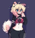  1girl anakoluth animal_ears blonde_hair blue_eyes crop_top dog_ears dog_girl dog_tail eyebrows_visible_through_hair flying_sweatdrops furry furry_female glasses highres looking_away messy_hair navel original parted_lips short_hair solo tail twitter_username 