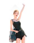 1girl bag belt black_belt black_camisole black_shorts blonde_hair breasts camisole grey_eyes hair_behind_ear hand_in_pocket head_tilt highres leaning_to_the_side looking_at_viewer open_hand open_mouth original shorts small_breasts smile solo v waving wonbin_lee 
