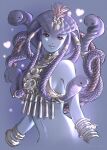  1girl 2021 artist_name bare_shoulders blue_background blue_skin bracelet cobra_(animal) colored_skin dated final_fantasy final_fantasy_xi glint hair_tubes headpiece heart highres jewelry lamia lamia_(final_fantasy) looking_at_viewer midriff monster_girl open_mouth piyoco red_eyes scales smile snake snake_hair solo sparkle 
