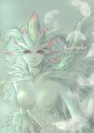  1girl absurdres breasts character_name closed_mouth colored_skin copyright_name feathered_wings feathers final_fantasy final_fantasy_xi garuda green_background green_lips green_skin green_theme green_wings harpy highres lips looking_at_viewer medium_breasts monster_girl no_nipples piyoco red_eyes solo wings 