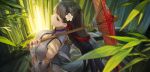  1girl azur_lane bamboo bamboo_forest black_hair china_dress chinese_clothes cleavage_cutout clothing_cutout dress flower forest hair_flower hair_ornament highres long_hair nature oil-paper_umbrella red_eyes rff_(3_percent) umbrella yat_sen_(azur_lane) 