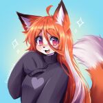  1girl :3 ahoge anakoluth animal_ears black_sweater commission eyebrows_visible_through_hair fang fox_ears fox_girl fox_tail furry furry_female highres long_hair long_sleeves looking_at_viewer multicolored_hair open_mouth original redhead ribbed_sweater sleeves_past_wrists smile solo sweater tail twitter_username upper_body white_hair 
