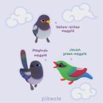  ._. animal animal_focus arrow_(symbol) artist_name beak bird closed_mouth clouds commentary english_commentary english_text from_side grey_background magpie no_humans open_mouth original pikaole simple_background standing watermark 