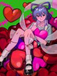  1girl annindofu_umaaa bangs black_footwear blue_dress blue_eyes blue_hair blush bobby_socks closed_mouth collarbone dress eyebrows_visible_through_hair foot_out_of_frame green_background hagoromo hair_between_eyes hair_ornament hair_rings hair_stick heart highres kaku_seiga knees_up legband light_smile looking_at_viewer mary_janes ofuda open_clothes open_vest puffy_short_sleeves puffy_sleeves see-through shawl shoes short_hair short_sleeves simple_background sitting socks solo touhou vest white_legwear white_vest wing_collar 