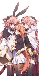  1girl 2boys absurdres astolfo_(fate) black_legwear blonde_hair bow braid dress fate/apocrypha fate/grand_order fate_(series) hair_bow height_difference highres koyashaka long_hair long_sleeves multicolored_hair multiple_boys original otoko_no_ko pink_hair short_shorts shorts skirt thigh-highs violet_eyes white_hair yellow_eyes 