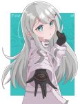  1girl blue_eyes gloves grey_hair hair_ornament hairclip heart ina_(vtuber) long_hair long_sleeves looking_at_viewer looking_to_the_side pale_skin pupu_kk reaching_out seven_carat virtual_youtuber 